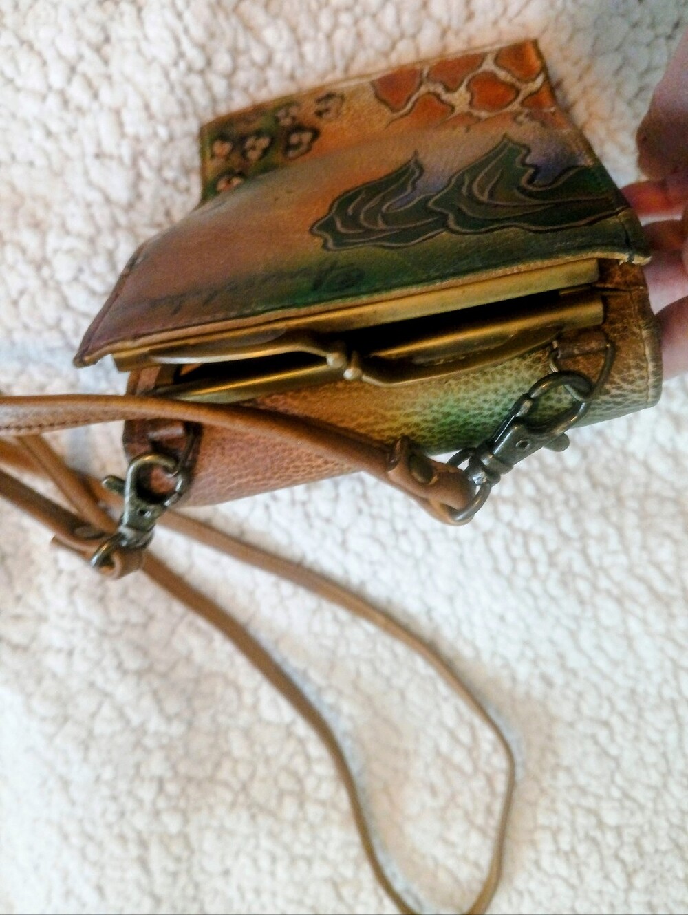 Anuschka Multicolor Peacock Feather & Floral Leather Crossbody Purse Very Good - Picture 11 of 15